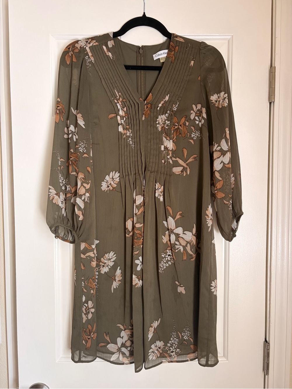 Calvin Klein Olive Floral Pintuck Midi Dress with Cream & Tan Blooms